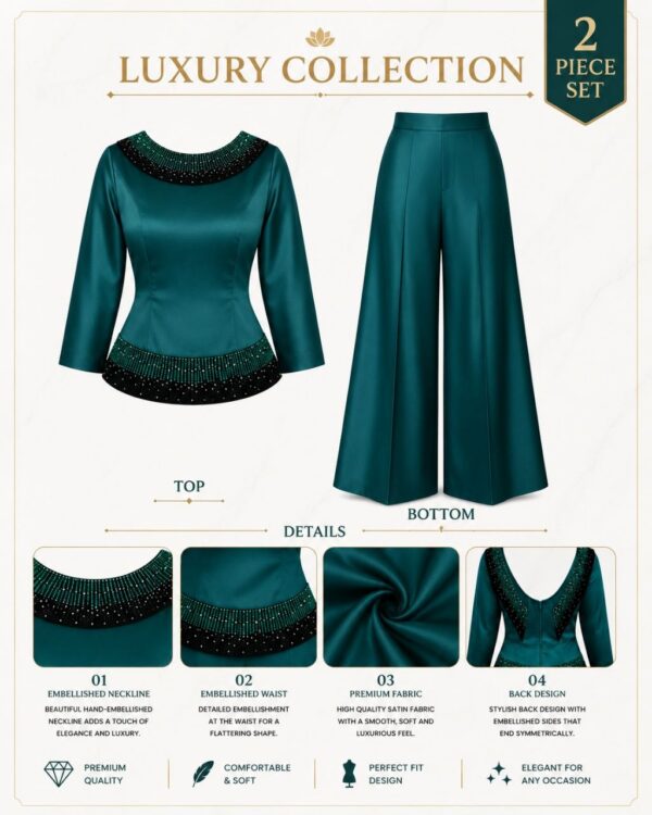 Premium Green Satin Two-Piece Evening Set with Embellished Details