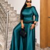 Premium Green Satin Two-Piece Evening Set with Embellished Details