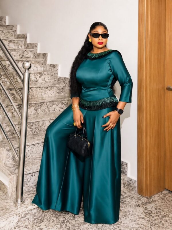 Premium Green Satin Two-Piece Evening Set with Embellished Details