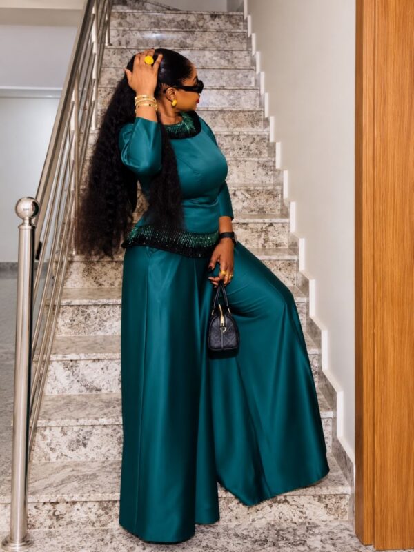 Premium Green Satin Two-Piece Evening Set with Embellished Details