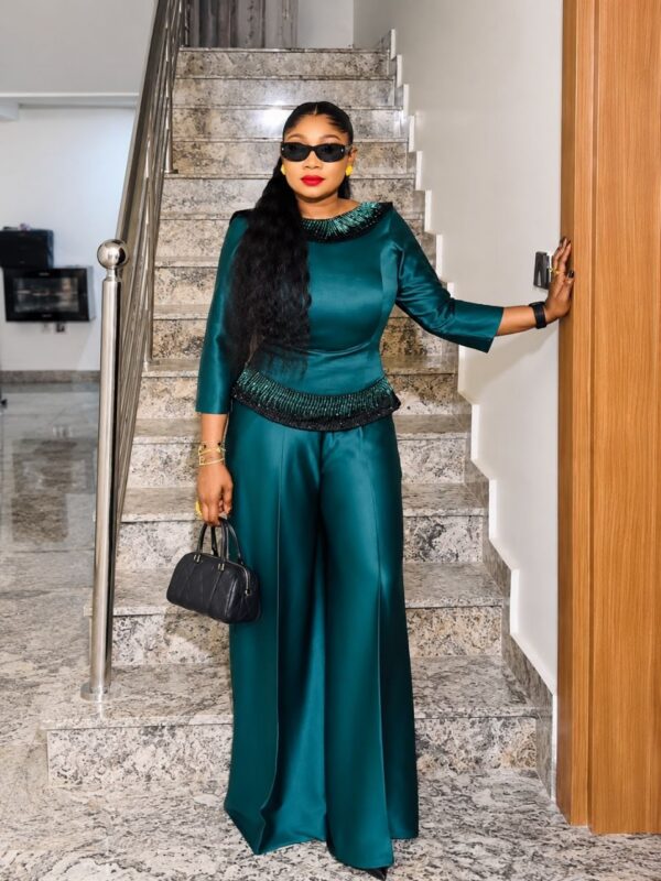 Premium Green Satin Two-Piece Evening Set with Embellished Details