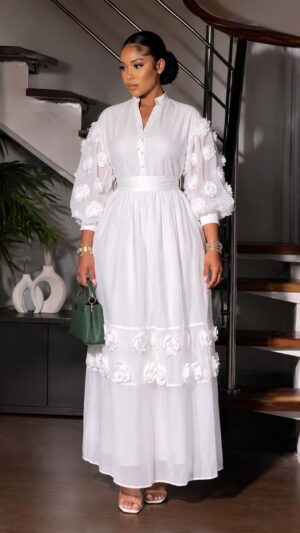 Premium White Floral Appliqué Maxi Dress