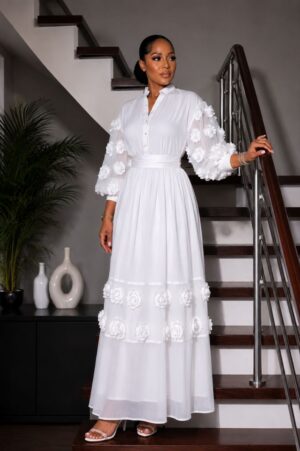 Premium White Floral Appliqué Maxi Dress