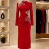 Premium Red Long Sleeve Midi Dress with Embellishments