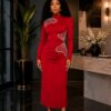 Premium Red Long Sleeve Midi Dress with Embellishments