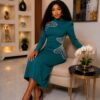 Premium Red Long Sleeve Midi Dress with Embellishments