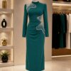 Premium Red Long Sleeve Midi Dress with Embellishments