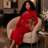 Premium Red Long Sleeve Midi Dress with Embellishments