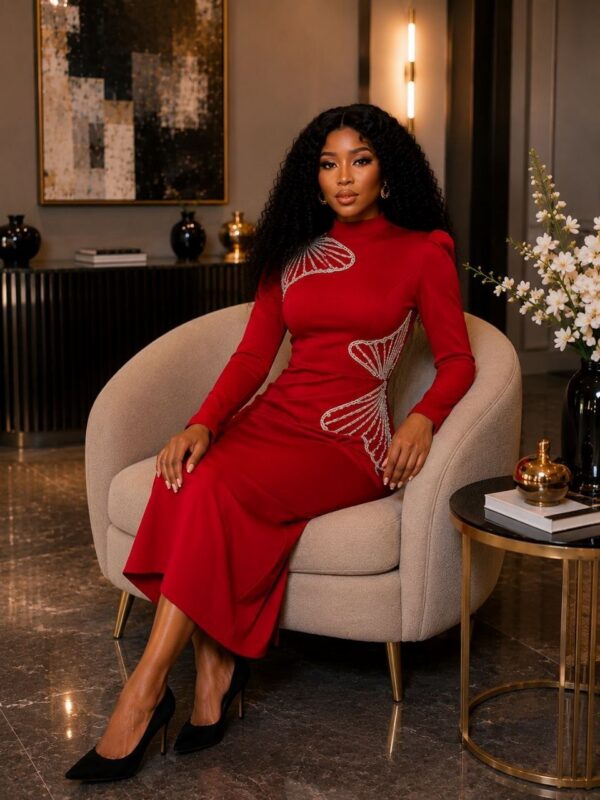 Premium Red Long Sleeve Midi Dress with Embellishments