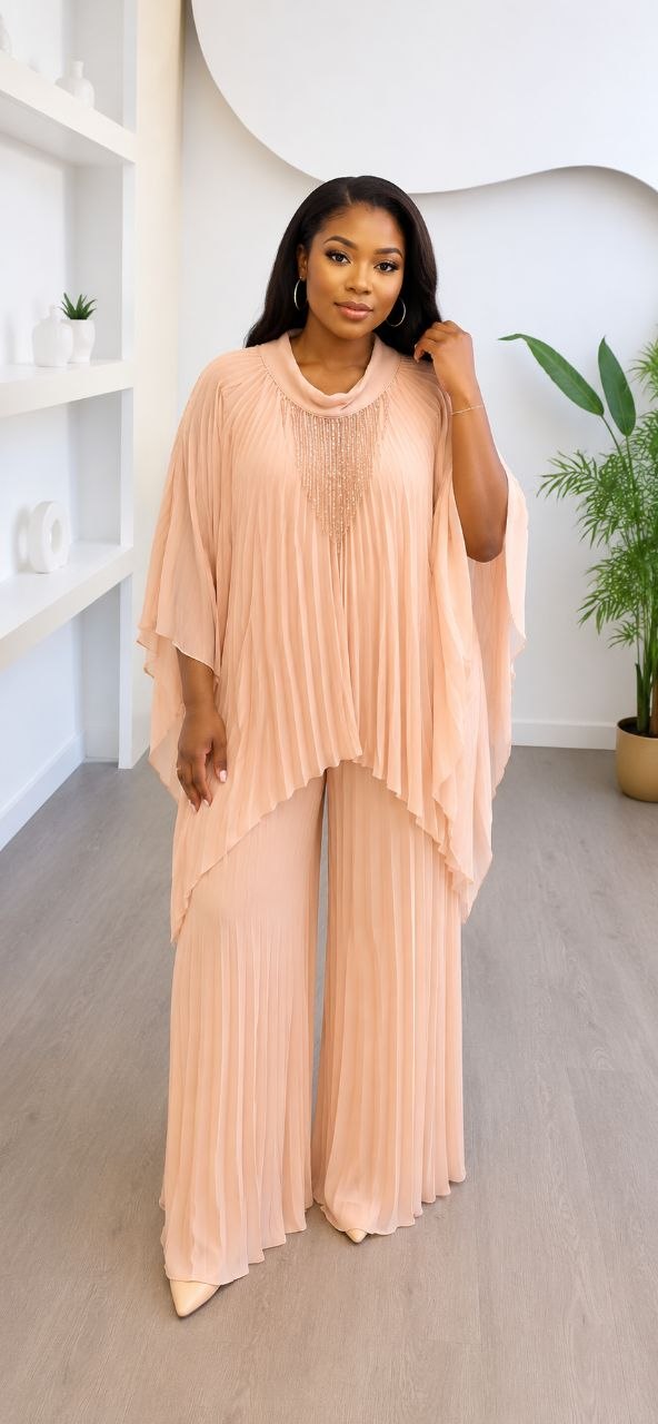 Elegant Two-Piece Pleated Set - Peach Nude