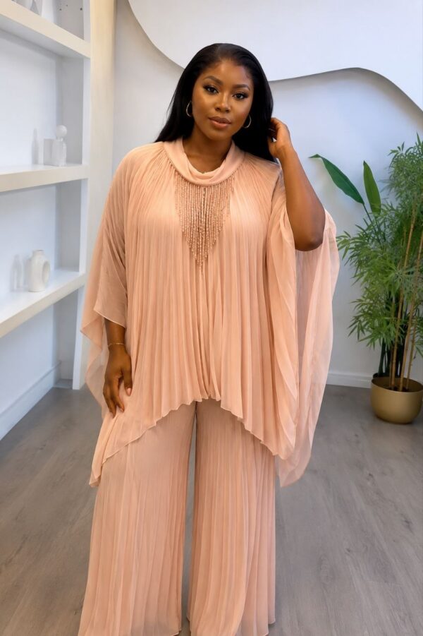 Elegant Two-Piece Pleated Set - Peach Nude