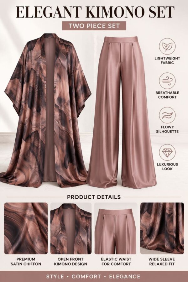 Premium Taupe Kimono & Pants Set - Wholesale Fashion