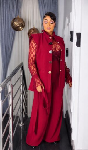 Premium Red 4-Piece Formal Set with Lace Top & Vest Jacket