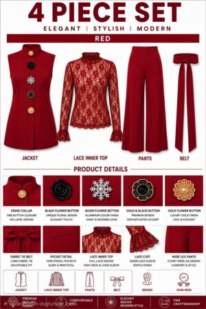 Premium Red 4-Piece Formal Set with Lace Top & Vest Jacket