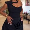 Premium Black Studded One-Shoulder Dress