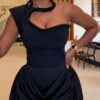 Premium Black Studded One-Shoulder Dress