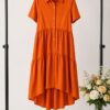 Premium Orange Button-Front Midi Dress