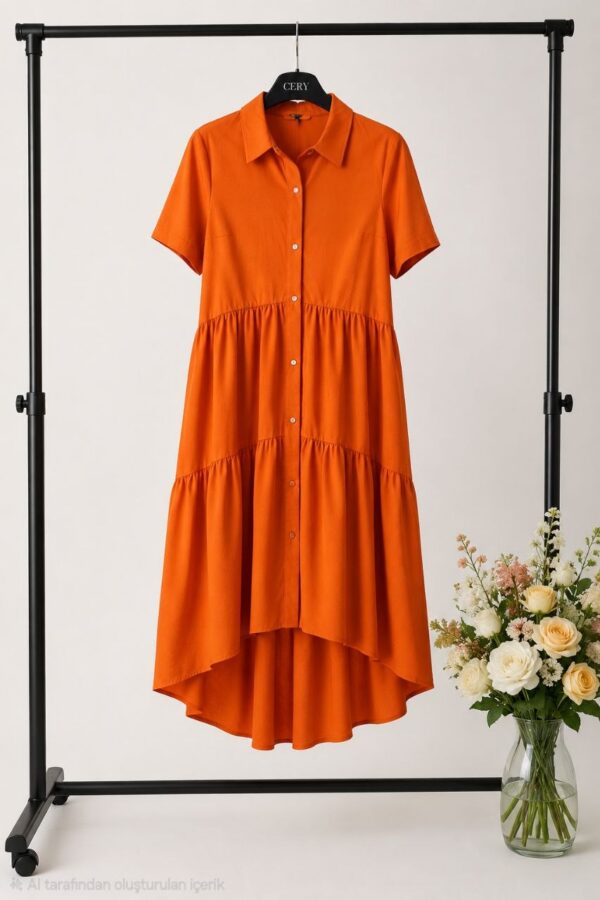 Premium Orange Button-Front Midi Dress