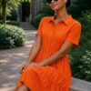 Premium Orange Button-Front Midi Dress