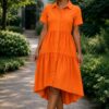 Premium Orange Button-Front Midi Dress