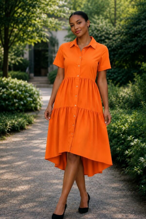 Premium Orange Button-Front Midi Dress