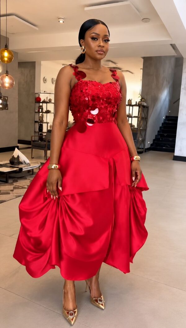 Red Sequin Ruffle Ball Gown Dress