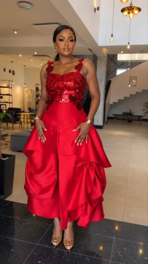 Red Sequin Ruffle Ball Gown Dress