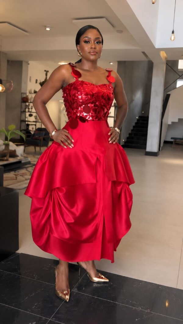Red Sequin Ruffle Ball Gown Dress