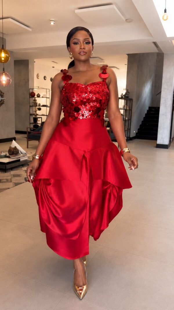Red Sequin Ruffle Ball Gown Dress