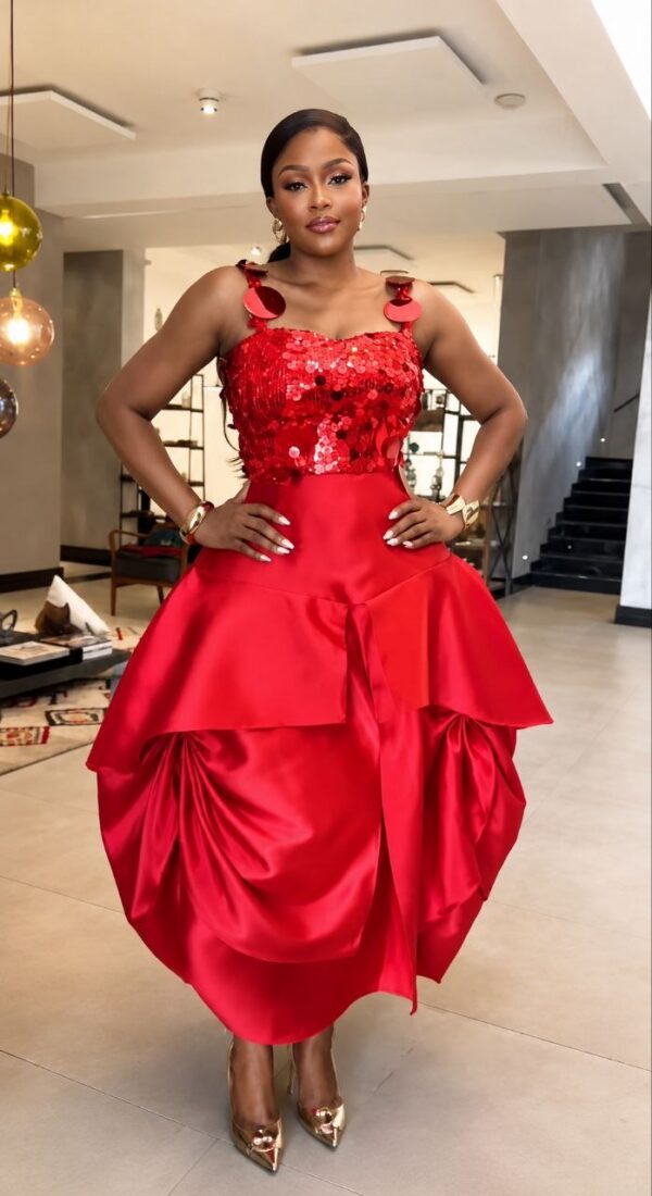 Red Sequin Ruffle Ball Gown Dress