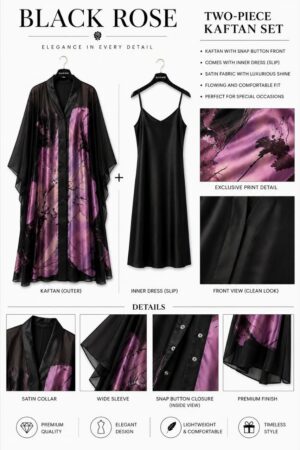 Black Rose Premium Kaftan Set - Two-Piece Satin Ensemble