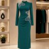Premium Red Long Sleeve Midi Dress with Embellishments