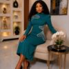 Premium Red Long Sleeve Midi Dress with Embellishments