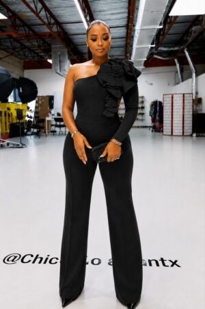 Premium Black One-Shoulder Jumpsuit with Ruffle Detail Premium Black One-Shoulder Jumpsuit with Ruffle Detail