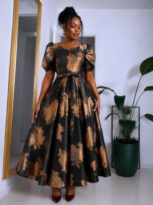Premium Black & Gold Jacquard Evening Dress