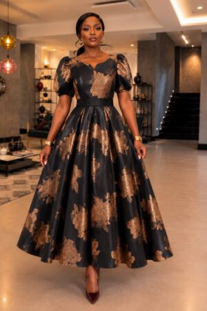 Premium Black & Gold Jacquard Evening Dress