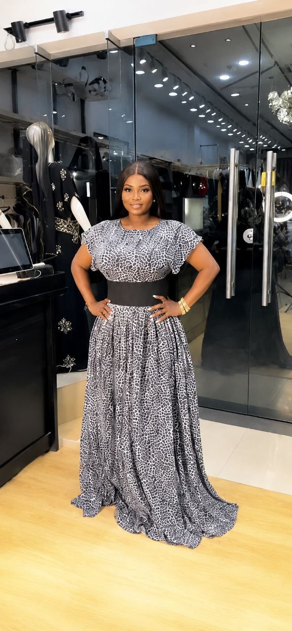 Grey Leopard Print Maxi Dress with Black Waist Belt Grey Leopard Print Maxi Dress with Black Waist Belt