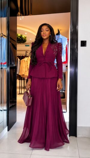 Premium Two-Piece Burgundy Blazer Pleated Skirt Set Premium Two-Piece Burgundy Blazer Pleated Skirt Set