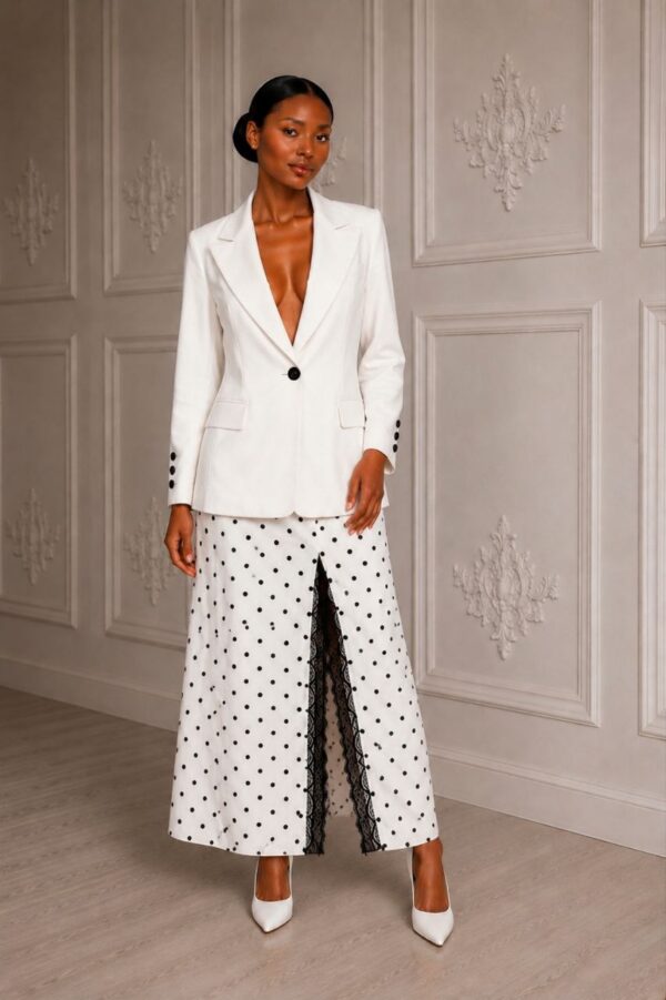 White Blazer & Polka Dot Skirt Two-Piece Set