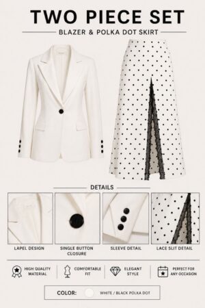 White Blazer & Polka Dot Skirt Two-Piece Set White Blazer & Polka Dot Skirt Two-Piece Set