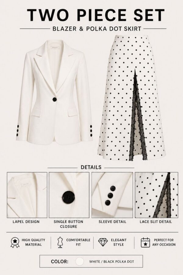 White Blazer & Polka Dot Skirt Two-Piece Set