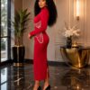 Premium Red Long Sleeve Midi Dress with Embellishments