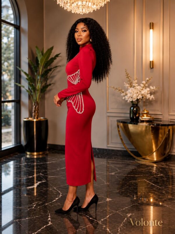 Premium Red Long Sleeve Midi Dress with Embellishments