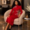 Premium Red Long Sleeve Midi Dress with Embellishments