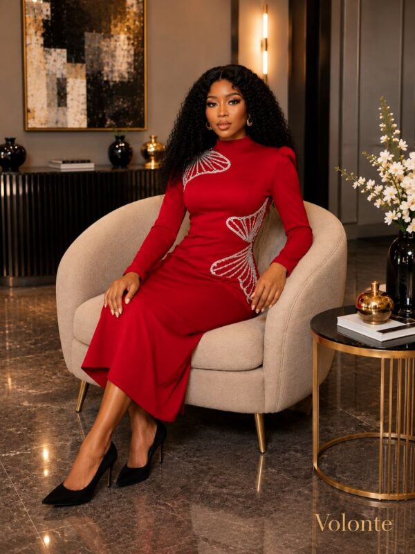 Premium Red Long Sleeve Midi Dress with Embellishments