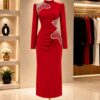 Premium Red Long Sleeve Midi Dress with Embellishments