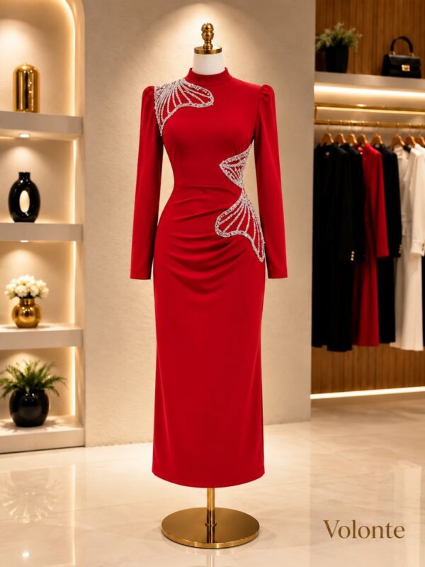Premium Red Long Sleeve Midi Dress with Embellishments