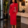 Premium Red Long Sleeve Midi Dress with Embellishments