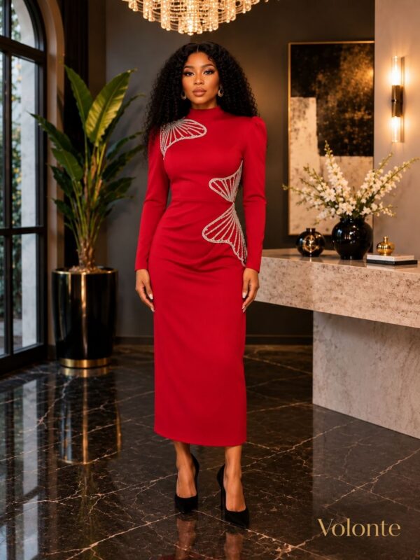 Premium Red Long Sleeve Midi Dress with Embellishments