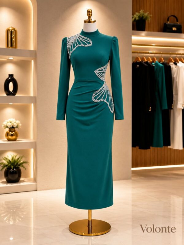 Premium Red Long Sleeve Midi Dress with Embellishments